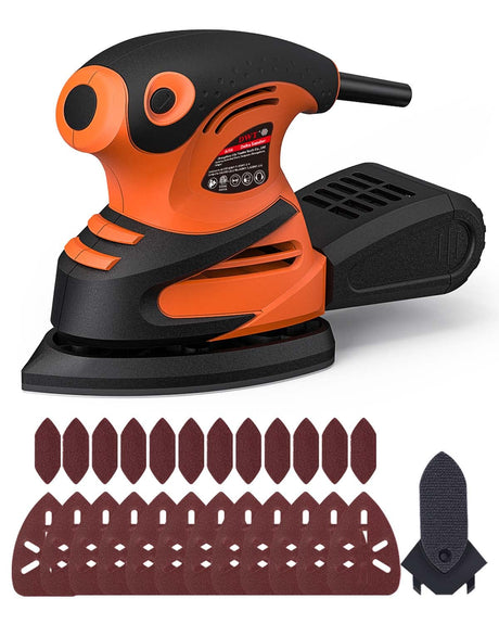 DWT Detail Sander, 1.5A 15000 OPM Electric Sander with 24pcs Sandpapers, Efficient Dust Collection System & Detail Finger Attachment, Soft Grip DWT