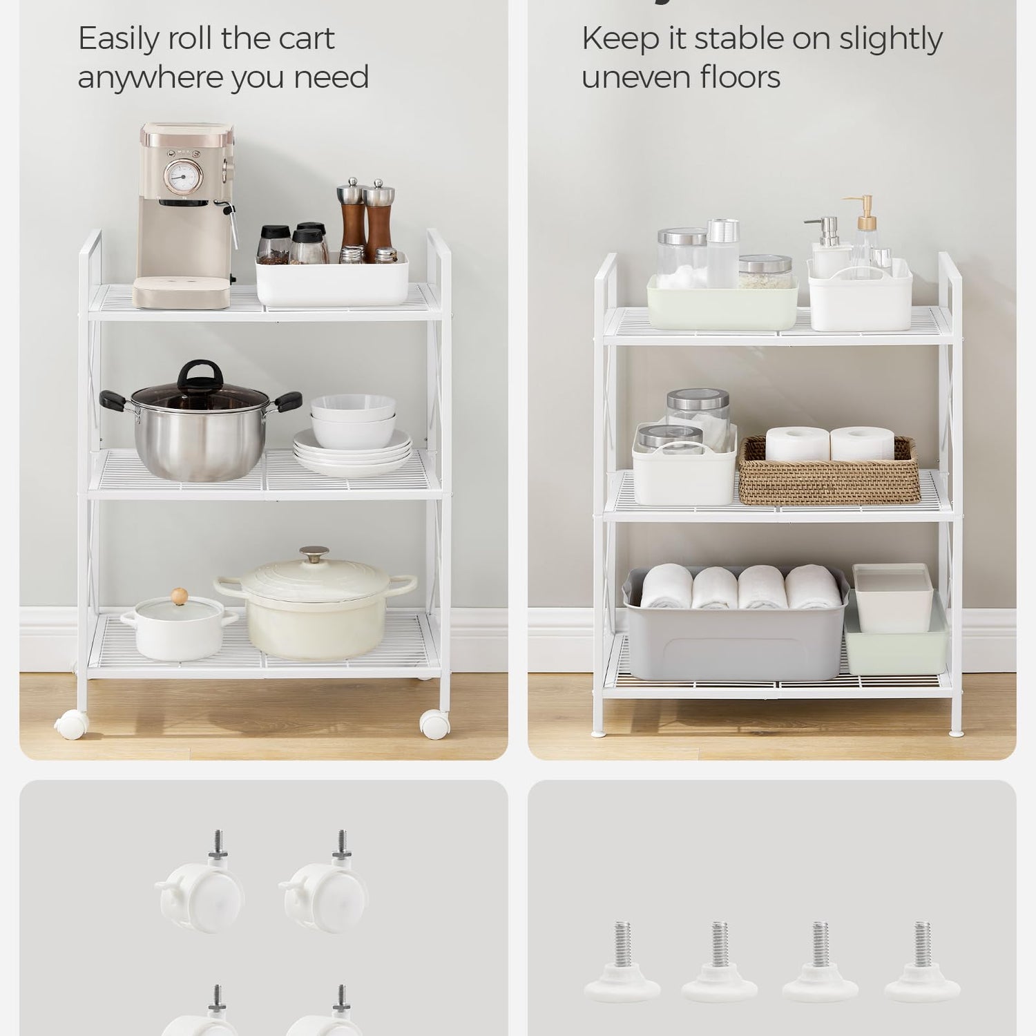 SONGMICS 3-Tier Metal Storage Rack with Wheels, Mesh Shelving Unit with X Side Frames, 23.6-Inch Width, for Entryway, Kitchen, Living Room, Bathroom, SONGMICS