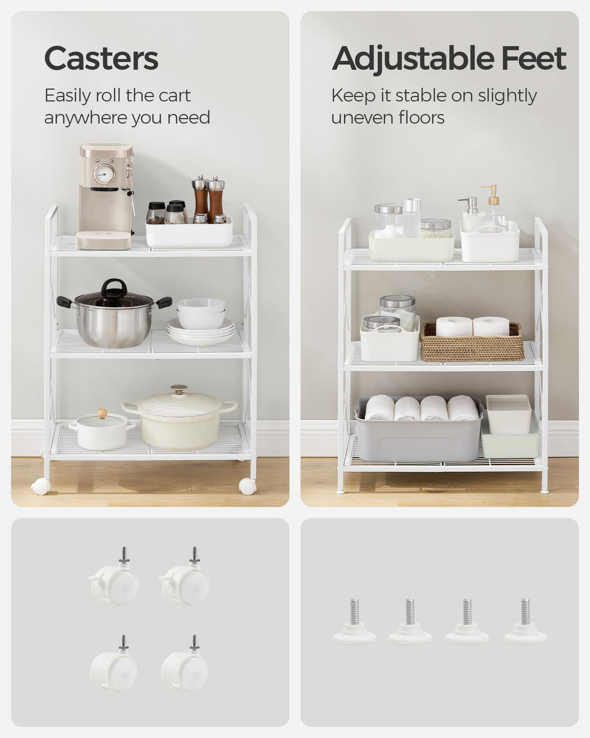 SONGMICS 3-Tier Metal Storage Rack with Wheels, Mesh Shelving Unit with X Side Frames, 23.6-Inch Width, for Entryway, Kitchen, Living Room, Bathroom, SONGMICS