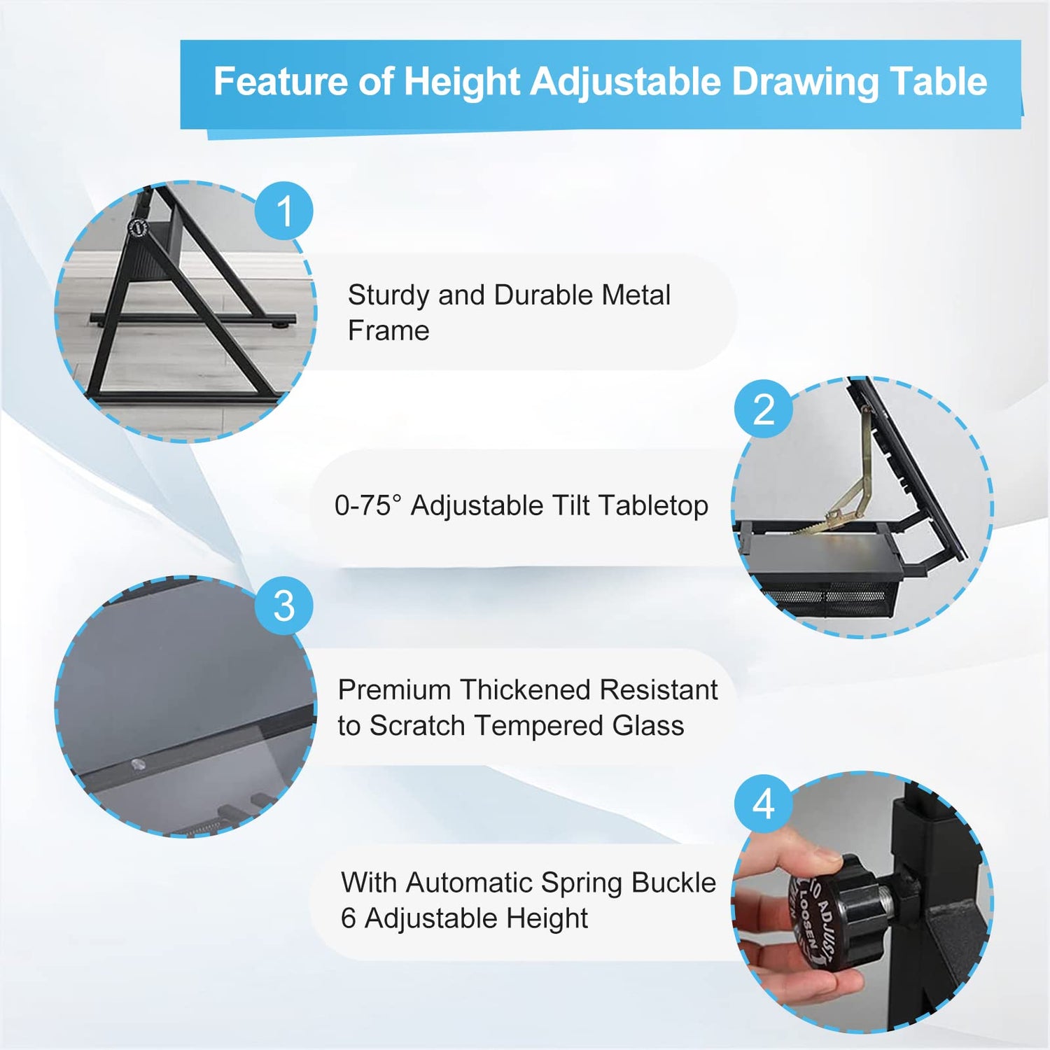 Waful Height Adjustable Drafting Tables, Glass Drawing Art Table, Tilting Tabletop Paintings Work Station Artist Table Chair Chair-2 Storage Drawer Waful