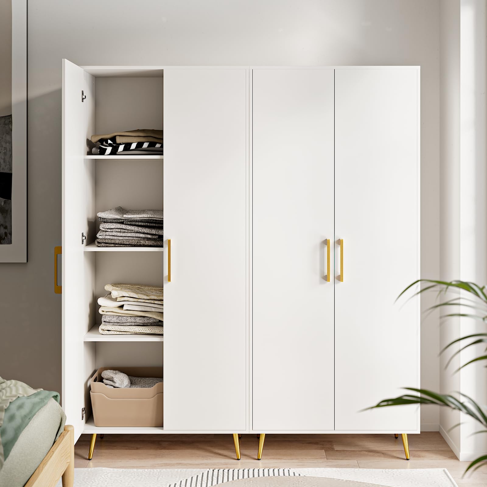 NOVAMAISON White Storage Cabinet 69” Tall - Storage Cabinet w/ 2 Doors and Adjustable Shelves, Freestanding Kitchen Pantry w/Gold Handles and Legs, - WoodArtSupply