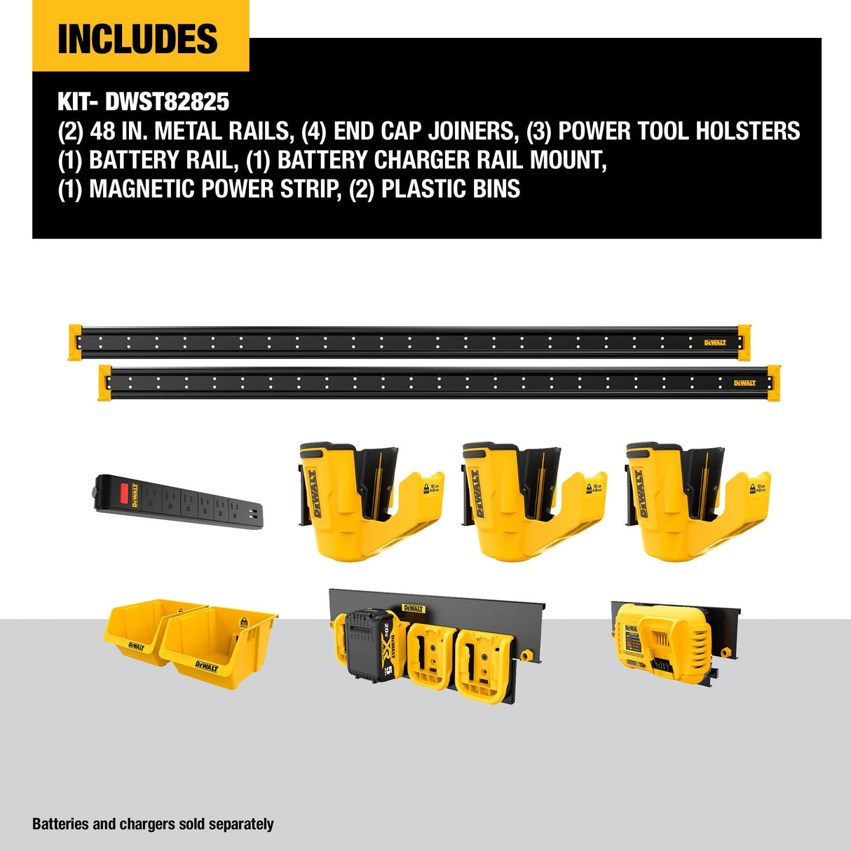 DEWALT Tool Organizer for Power Tools, 10 Pieces, Includes Metal Rails, Tool Holsters, Magnetic Power Strip and Battery Organizer, DEWALT Workshop DEWALT