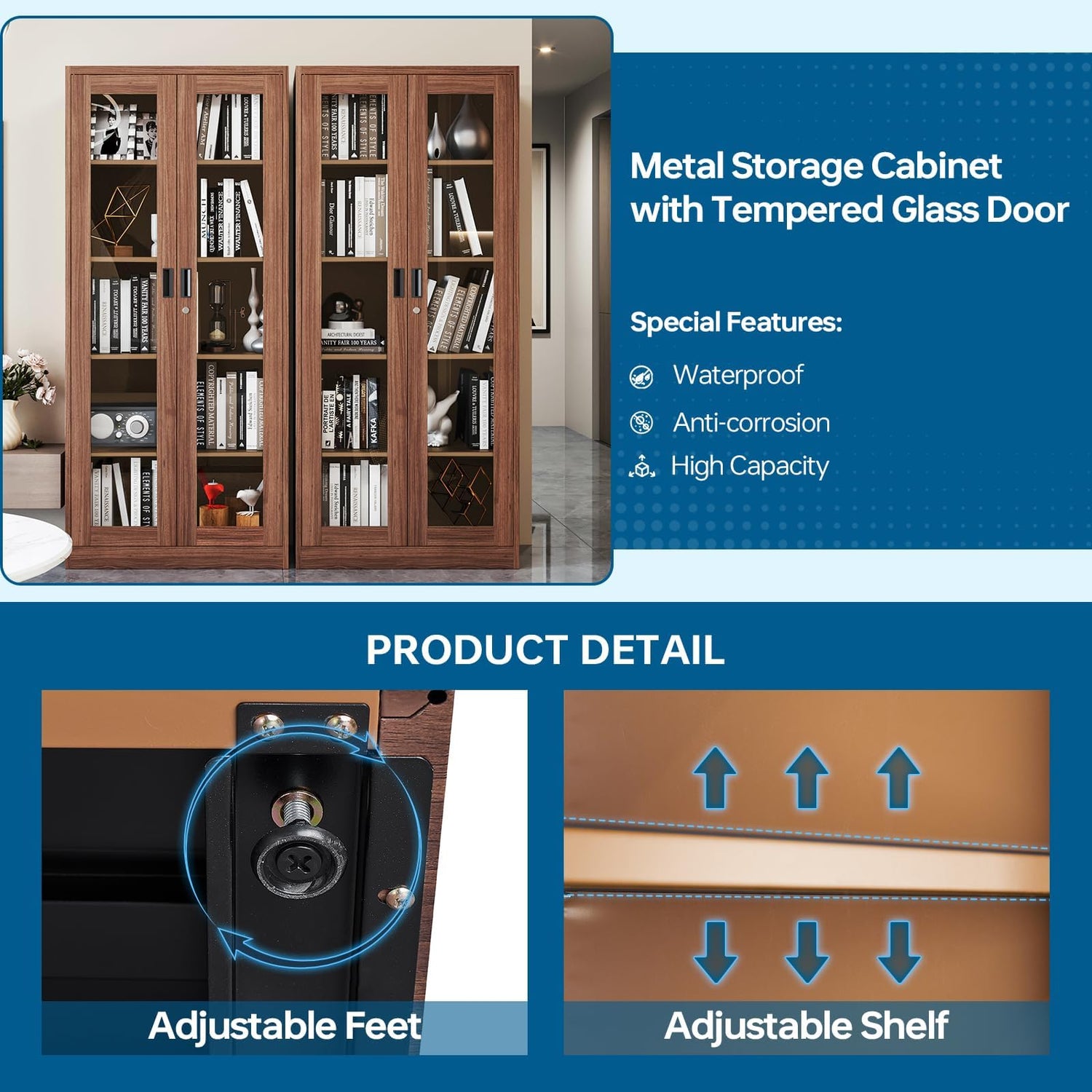 PEUKC Display Cabinet with Glass Doors, Curio Cabinets with 4 Adjustable Shelves, Locking Glass Cabinet Display Case for Home, Office, Clinic, PEUKC