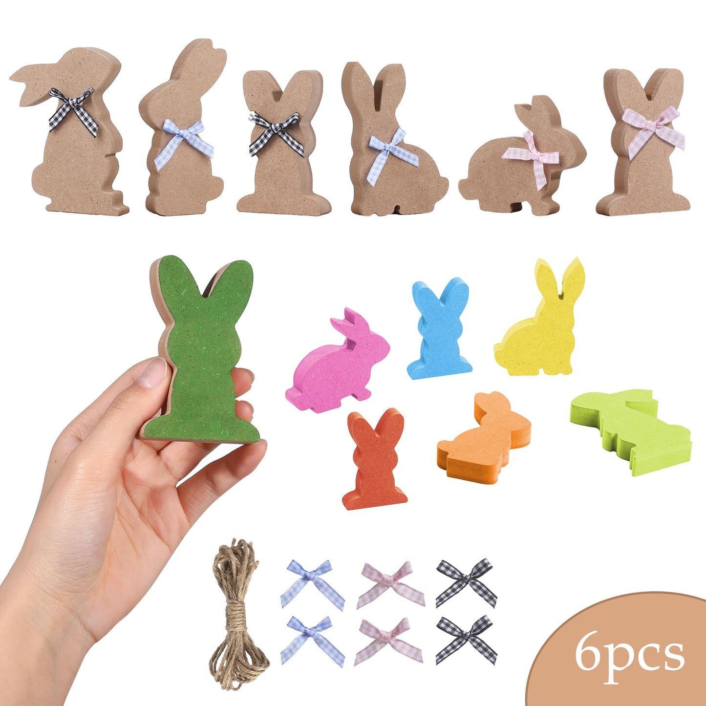 TXIN 6 Pieces Easter Bunny Table Wood Signs Unfinished Rabbit Wood Blocks Easter Wood Bunny Cutouts with 6 Bowknot for Easter Spring DIY Crafts - WoodArtSupply