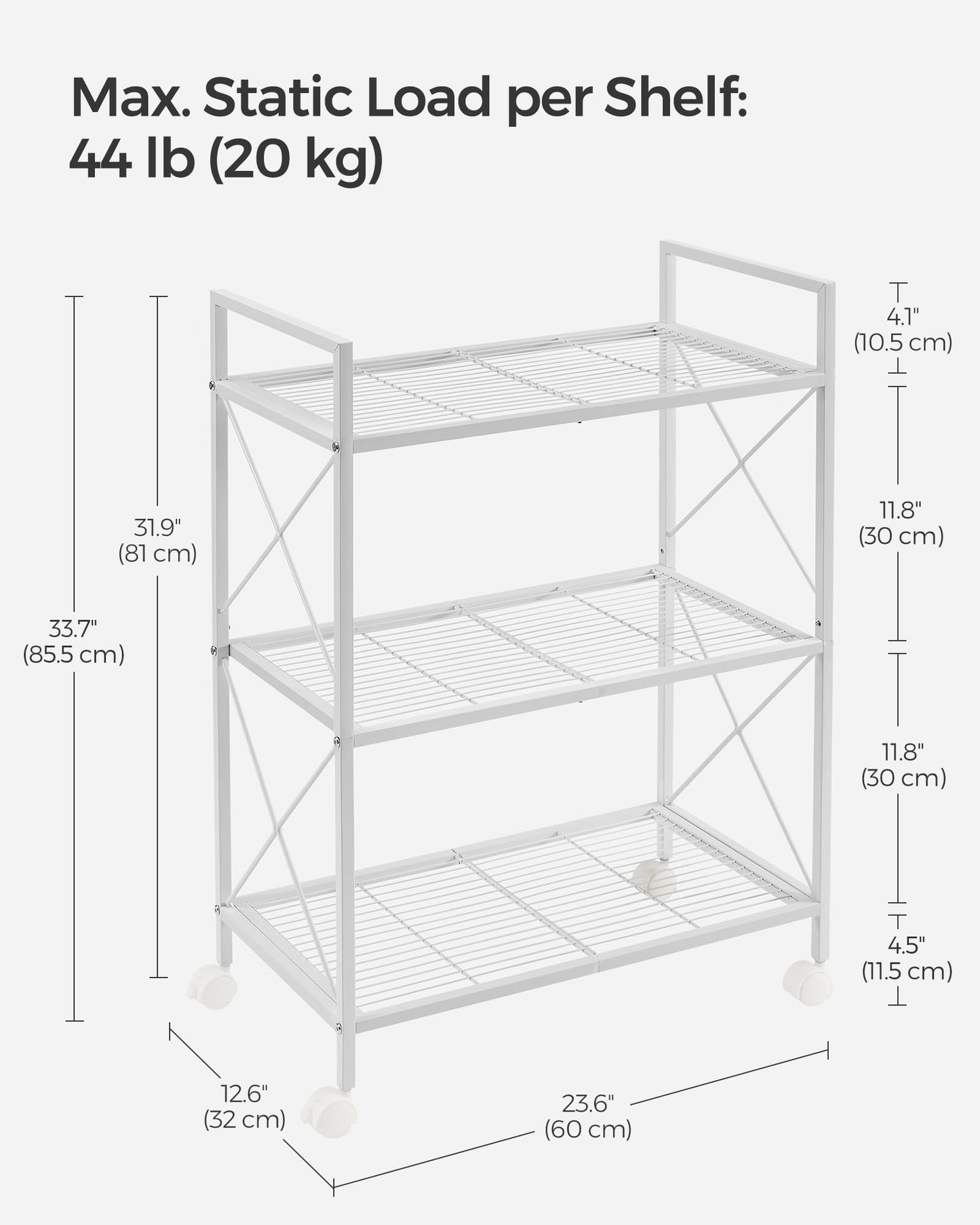 SONGMICS 3-Tier Metal Storage Rack with Wheels, Mesh Shelving Unit with X Side Frames, 23.6-Inch Width, for Entryway, Kitchen, Living Room, Bathroom,