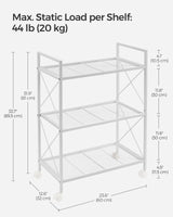 SONGMICS 3-Tier Metal Storage Rack with Wheels, Mesh Shelving Unit with X Side Frames, 23.6-Inch Width, for Entryway, Kitchen, Living Room, Bathroom, SONGMICS