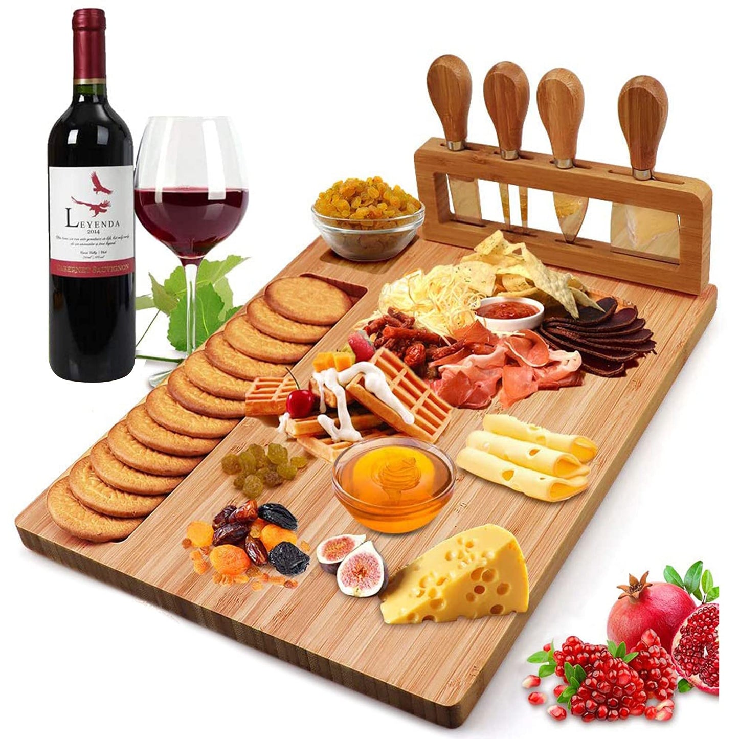 Bamboo Cheese Board Set, Cheese Tray, Charcuterie Board and Serving Meat Platter with 4 Stainless Steel Cheese Knives, Ideal for Wedding Gifts