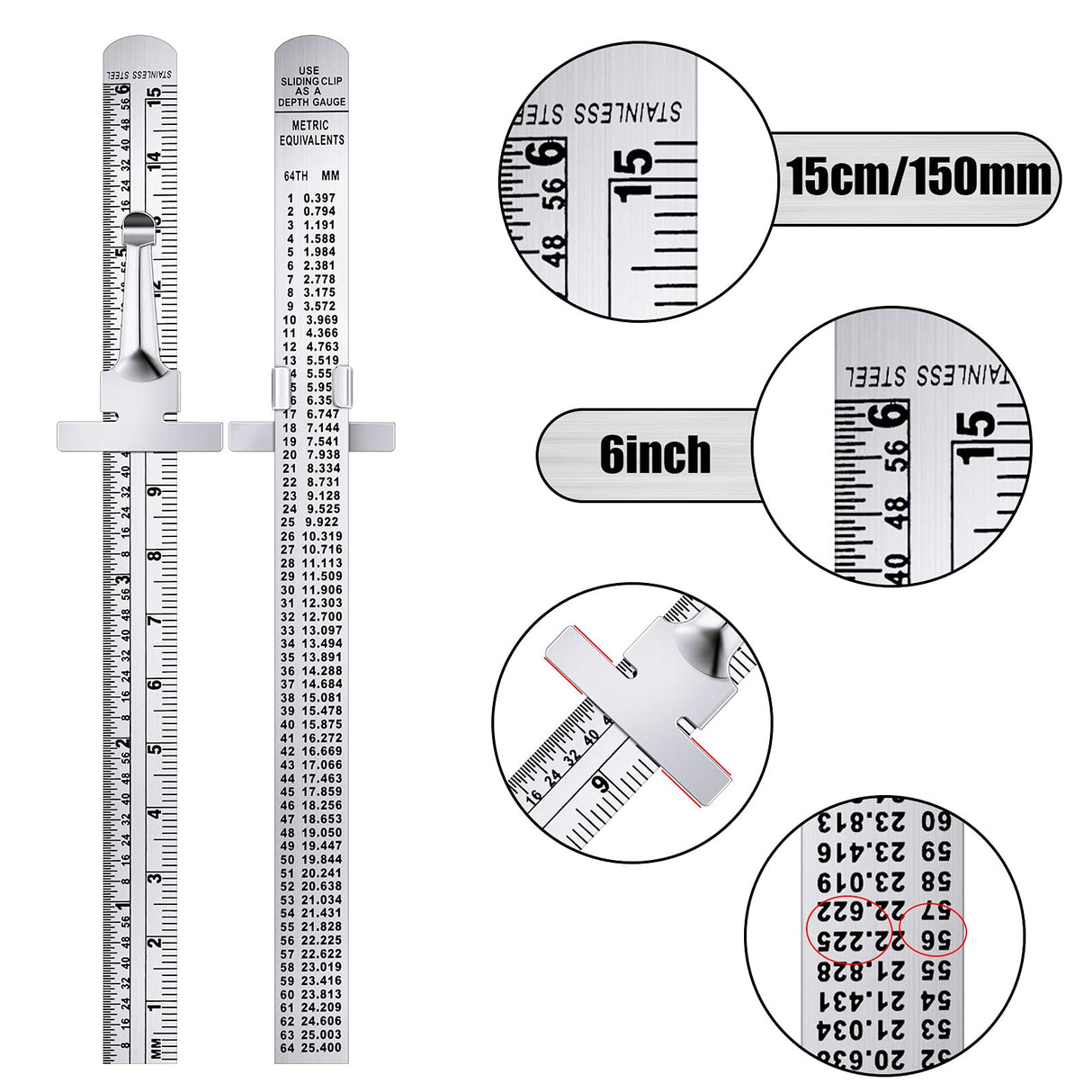 Pocket Ruler 6 Inch and 12 Inch Metal Rulers with Inch and Metric Graduation Stainless Steel Precision Ruler Measuring Tool for Engineering, School, TOODOO