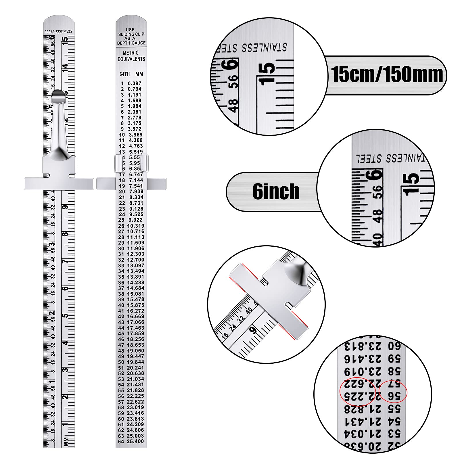 Pocket Ruler 6 Inch and 12 Inch Metal Rulers with Inch and Metric Graduation Stainless Steel Precision Ruler Measuring Tool for Engineering, School, - WoodArtSupply