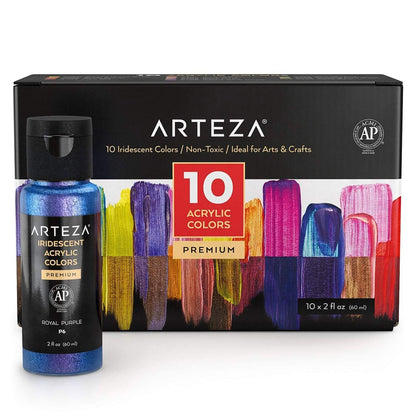 ARTEZA Iridescent Acrylic Paint, Set of 10 Chameleon Colors, 2 oz/60ml Bottles, High Viscosity Shimmer Water-Based, Blendable Paints, Art Supplies