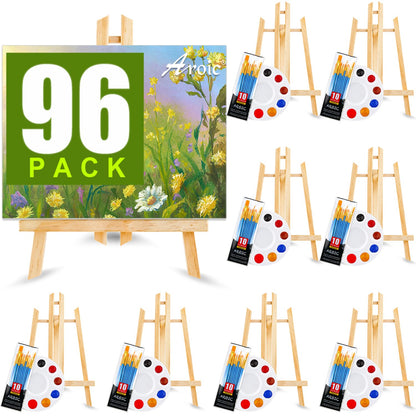 AROIC 96 PCS Painting Supplies Set with Easels, 8 PCS Wood Easels, 8 Packs of 80 Brushes with Nylon Brush Head and 8 PCS Palettes, Tabletop Wooden - WoodArtSupply