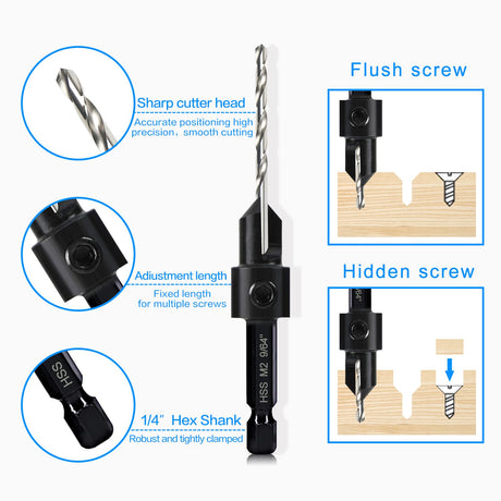 5-pc Countersink Tapered Drill Bit Set, 3in1 Woodworking Counterbore Hole Drill Bits for #6 8 10 12 16 Screws, Depth Adjustable M2 Pilot Drill Bits, - WoodArtSupply
