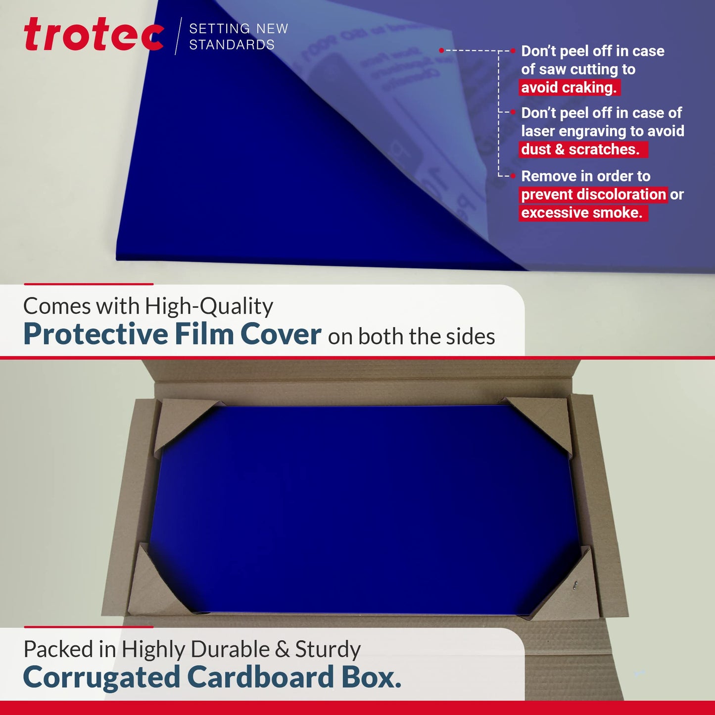 Trotec TroLase | 12"x24.25" x1/16", 4 Pcs | Sapphire/White | 2 Ply | Modified Acrylic | Laser Engraving Double Color Plastic Sheet | Engraving Blanks