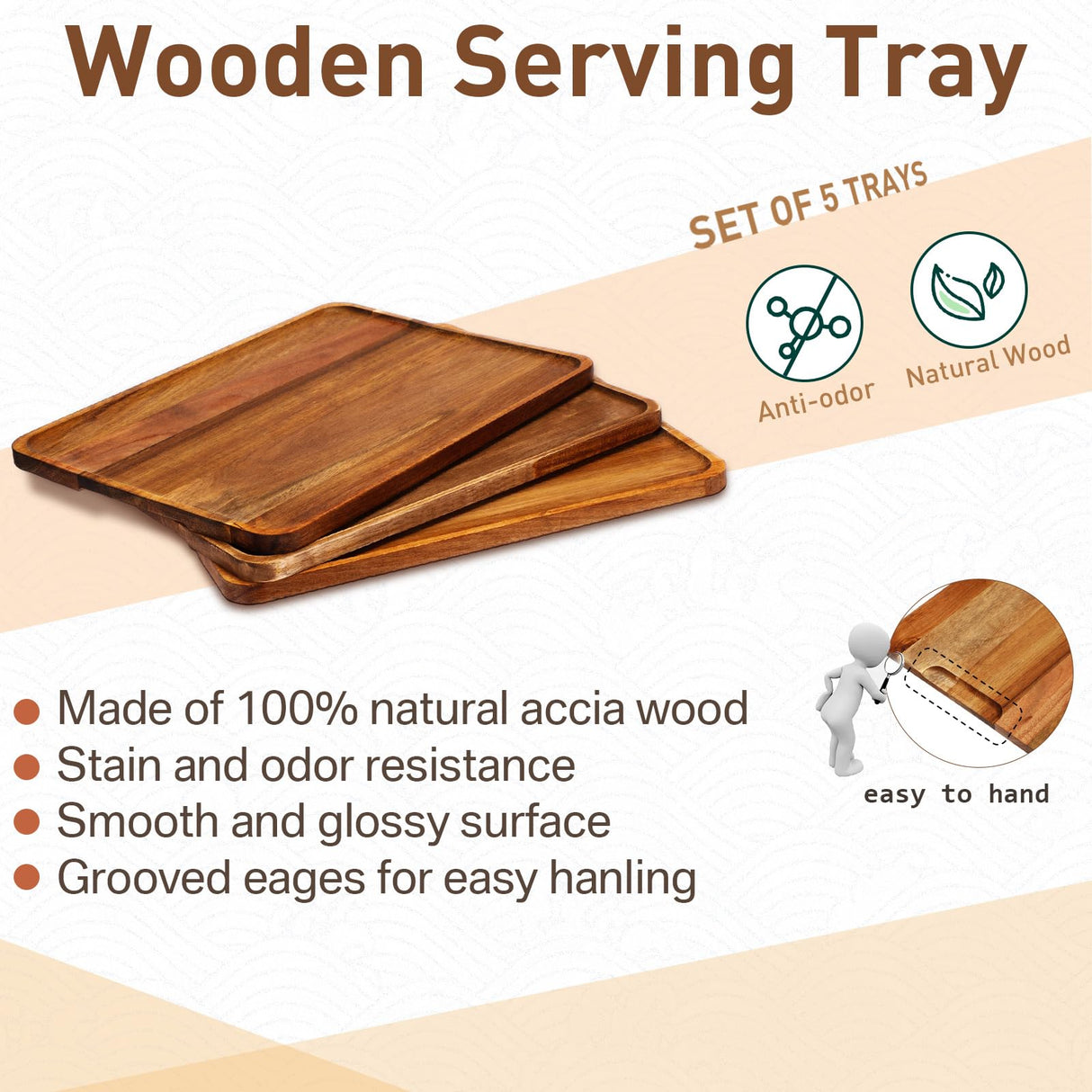 5 Pack Solid Acacia Wood Serving Trays, Rectangular Wooden Serving Board for Food Appetizer Serving Tray Plates for Vegetables Fruit Charcuterie Roowest