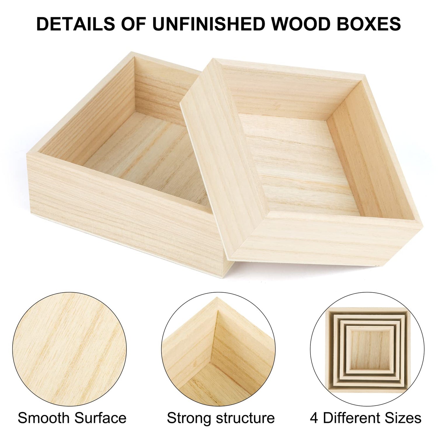 Aodaer 8 Pieces Unfinished Wooden Box in 4 Sizes Rustic Small Wood Box Square Storage Organizer Container Craft Box Paulownia Treasure Boxes for Aodaer