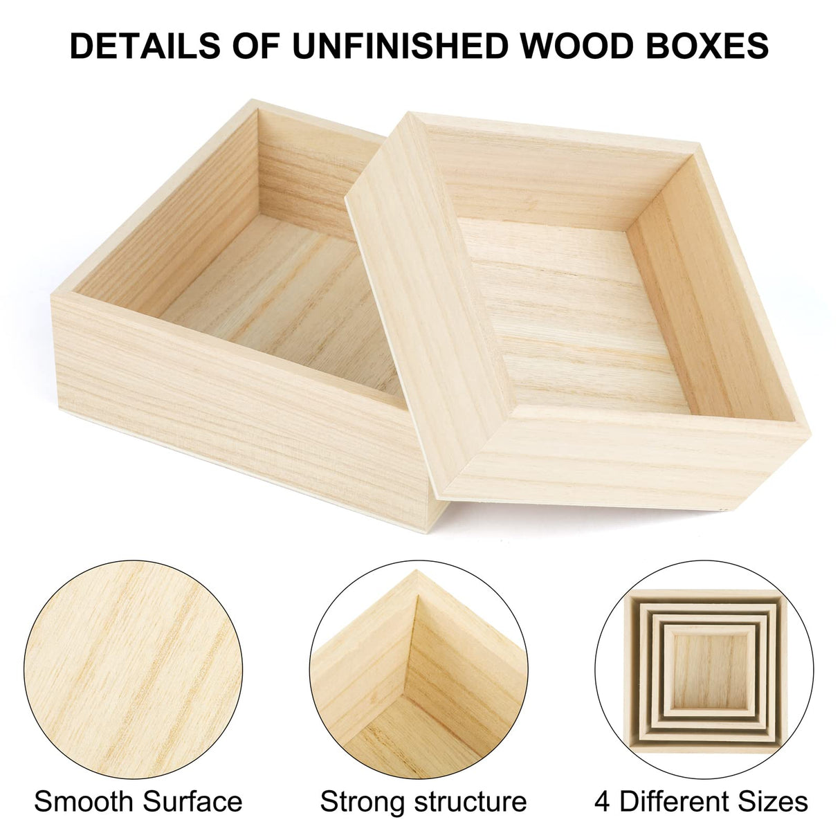 Aodaer 8 Pieces Unfinished Wooden Box in 4 Sizes Rustic Small Wood Box Square Storage Organizer Container Craft Box Paulownia Treasure Boxes for Aodaer