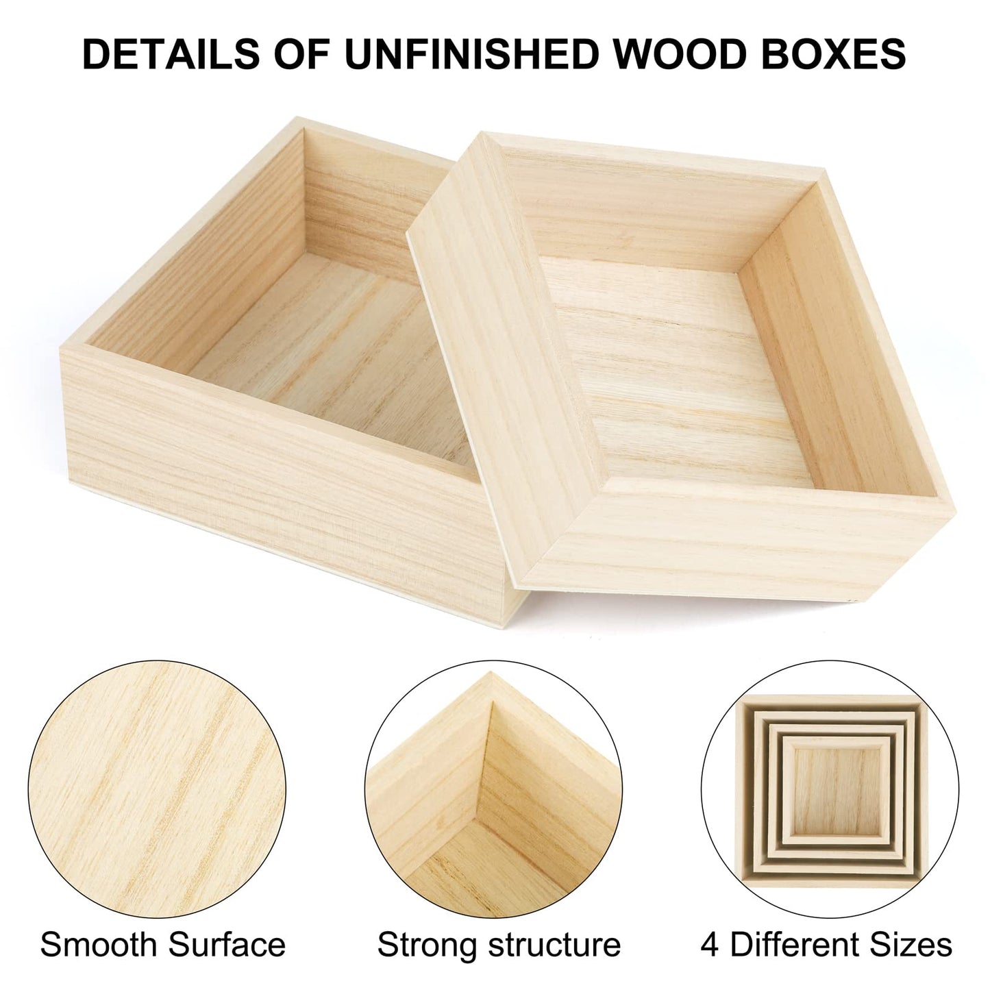 Aodaer 8 Pieces Unfinished Wooden Box in 4 Sizes Rustic Small Wood Box Square Storage Organizer Container Craft Box Paulownia Treasure Boxes for