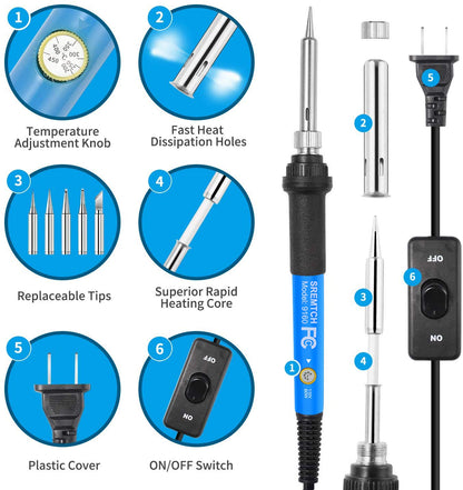 9-in-1 Soldering Kits, [Upgraded] 60W Adjustable Temperature Welding Tool with ON-Off Switch, 5pcs Soldering Iron Tips, Solder Wire, Y Type Soldering - WoodArtSupply