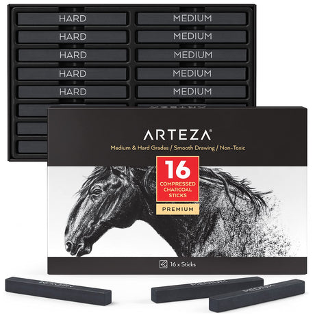 Arteza Compressed Charcoal Sticks, Set of 16, Medium and Hard Grade Sketching Crayons, Art Supplies for Drawing and Shading ARTEZA