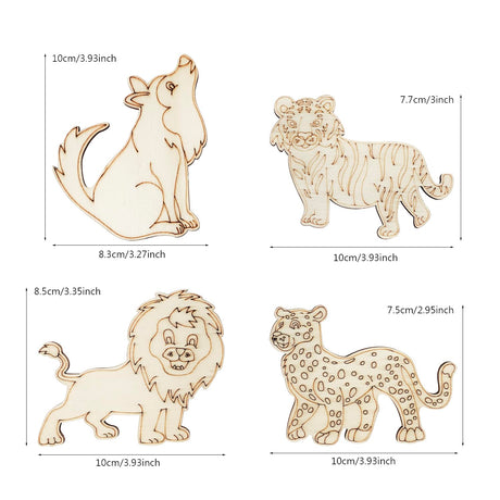 32 Pack Unfinished Wood Animal Cutouts Jungle Animal Crafts Wood Tiger, Lion, Wolf, Leopard Cutouts to Paint Wooden Animal Hanging Ornaments DIY Xonzmmk