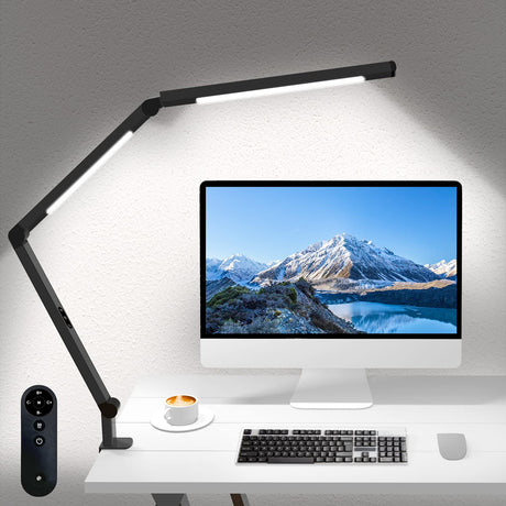LED Desk Lamp with Clamp, Architect Desk Lamp for Home Office with Remote Control, Swing Arm Clamp on Desk Light, Clip-on Eye-Care Adjustable 5 Micomlan