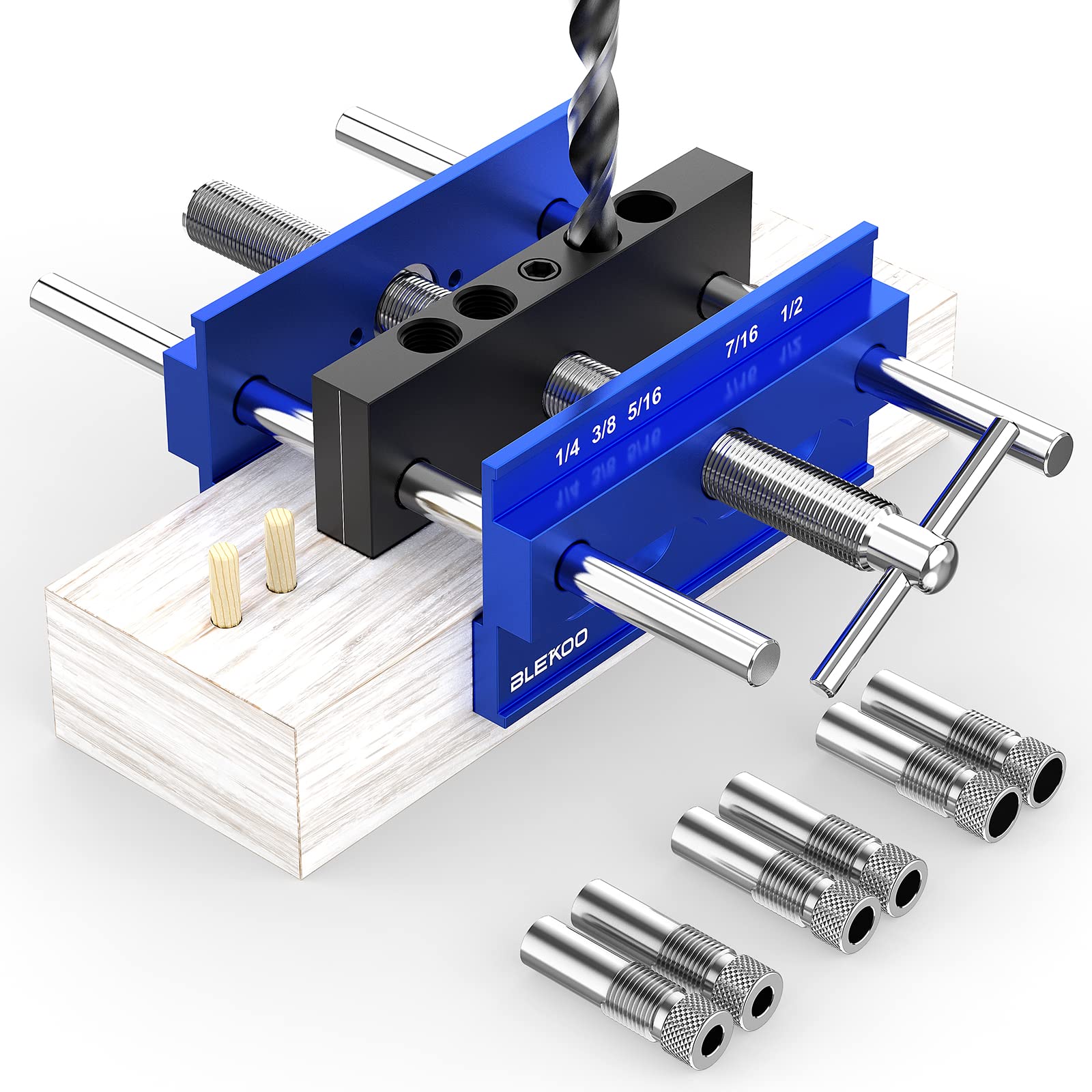 BLEKOO Upgraded 6.7 inch Self Centering Doweling Jig Kit, Drill Jig For Straight Holes Biscuit Joiner Set With 6 Drill Guide Bushings, Adjustable - WoodArtSupply