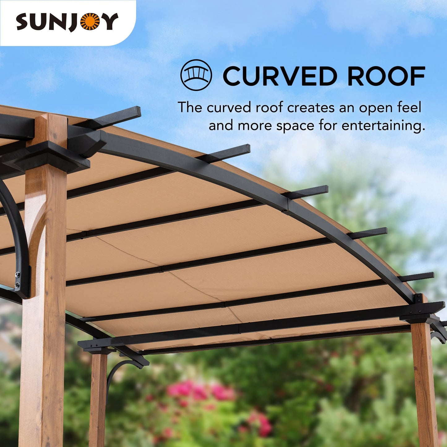 Sunjoy Outdoor Pergola 8.5 x 13 ft. Steel Arched Pergola with Tan Weather-Resistant Fabric Canopy for Patio, Backyard, Garden Activities - WoodArtSupply