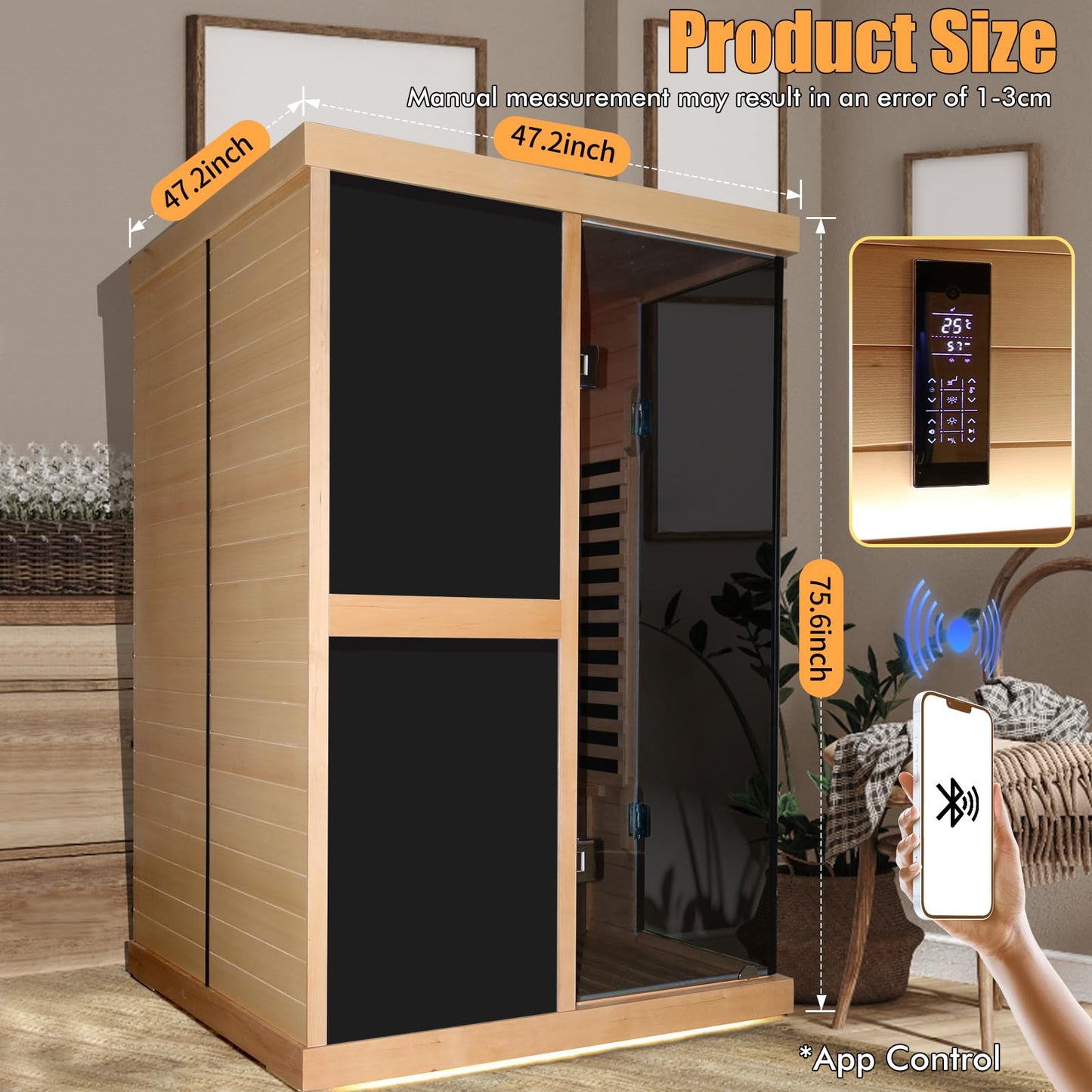 OUTEXER Infrared Sauna 1980W Wooden Saunas Home Spa Room Canadian Hemlock Wood Low-EMF Indoor Saunas with APP Control for Two Person
