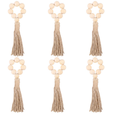 VOSAREA 6 pcs Wood Bead Napkin Rings with Tassels Rustic Farmhouse Wood Beads Garland Wall Hanging for Christmas Festival Banquet Wedding VOSAREA