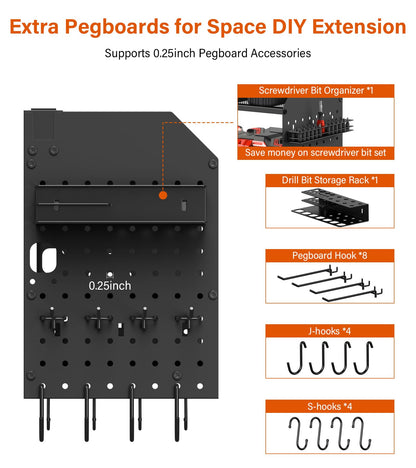 JUNNUJ Large Pegboard Power Tool Organizer with Charging Station, 8 Drills Driver and Tools Battery Holder Wall Mount with 8 Outlet Power Strip, - WoodArtSupply