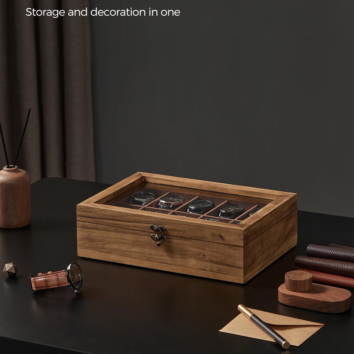 SONGMICS Watch Box, 10-Slot Watch Case, Solid Wood Watch Box Organizer with Large Glass Lid, Watch Display Case with Removable Pillows, Gift for SONGMICS