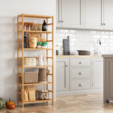 FOTOSOK 6-Tier Adjustable Bamboo Shelf Bookcase – Elegant Free Standing Storage Unit for Home & Garden FOTOSOK