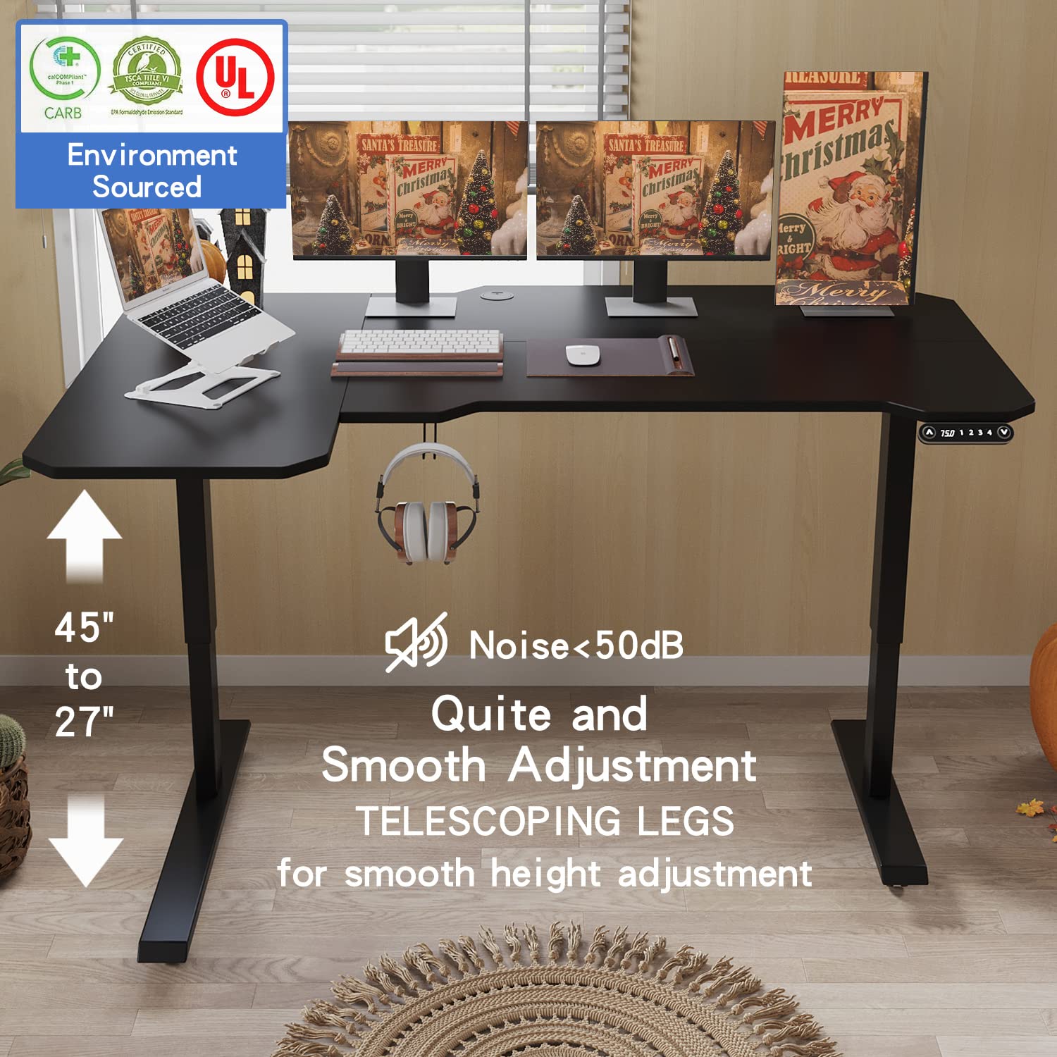 BUNOEM L-Shaped 59" Height Adjustable Electric Standing Desk, Sit and Stand Up Computer Desk For Home Office with Splice Board (Black Top, Black BUNOEM