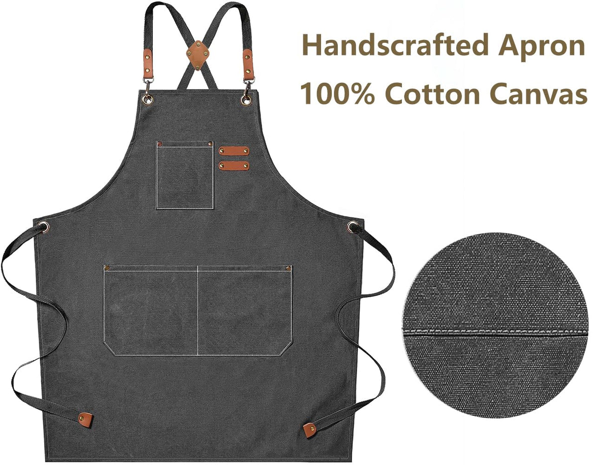 AFUN Chef Aprons for Men Women with Large Pockets, Cotton Canvas Cross Back Heavy Duty Adjustable Work Apron, Size M to XXL(Grey) AFUN
