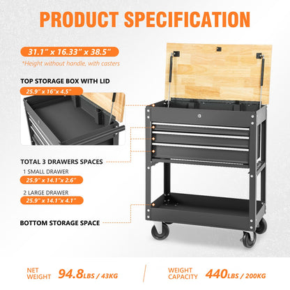 DNA MOTORING 3-Drawers Wood Top Utility Rolling Tool Chest Cabinet with Wheels, Heavy Duty Industrial Service Cart Keyed Locking System, for Garage - WoodArtSupply