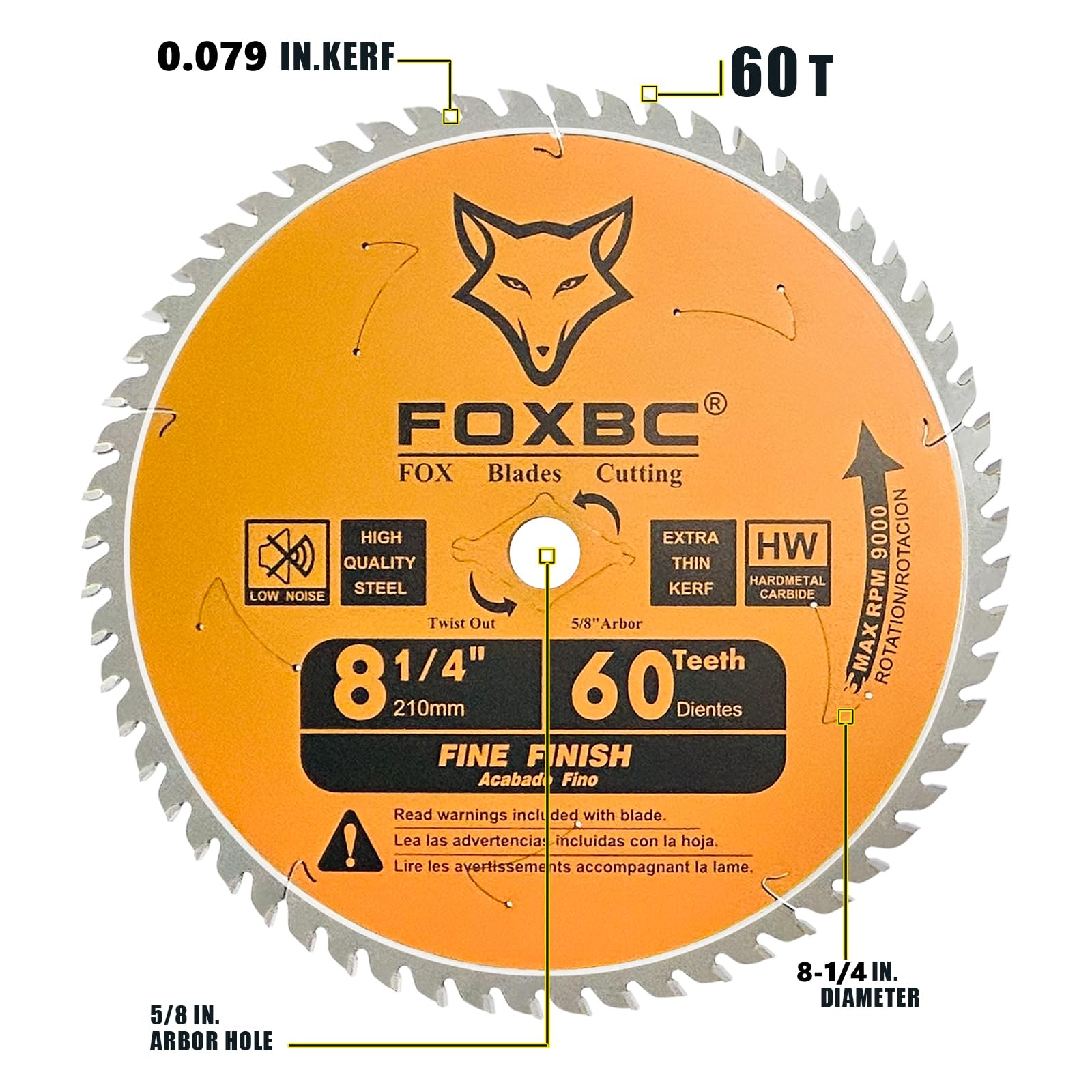 FOXBC 8-1/4 Inch Table Saw Blade 60 Tooth Fine Finish Wood Cutting with 5/8" Arbor, Diamond Knockout - WoodArtSupply