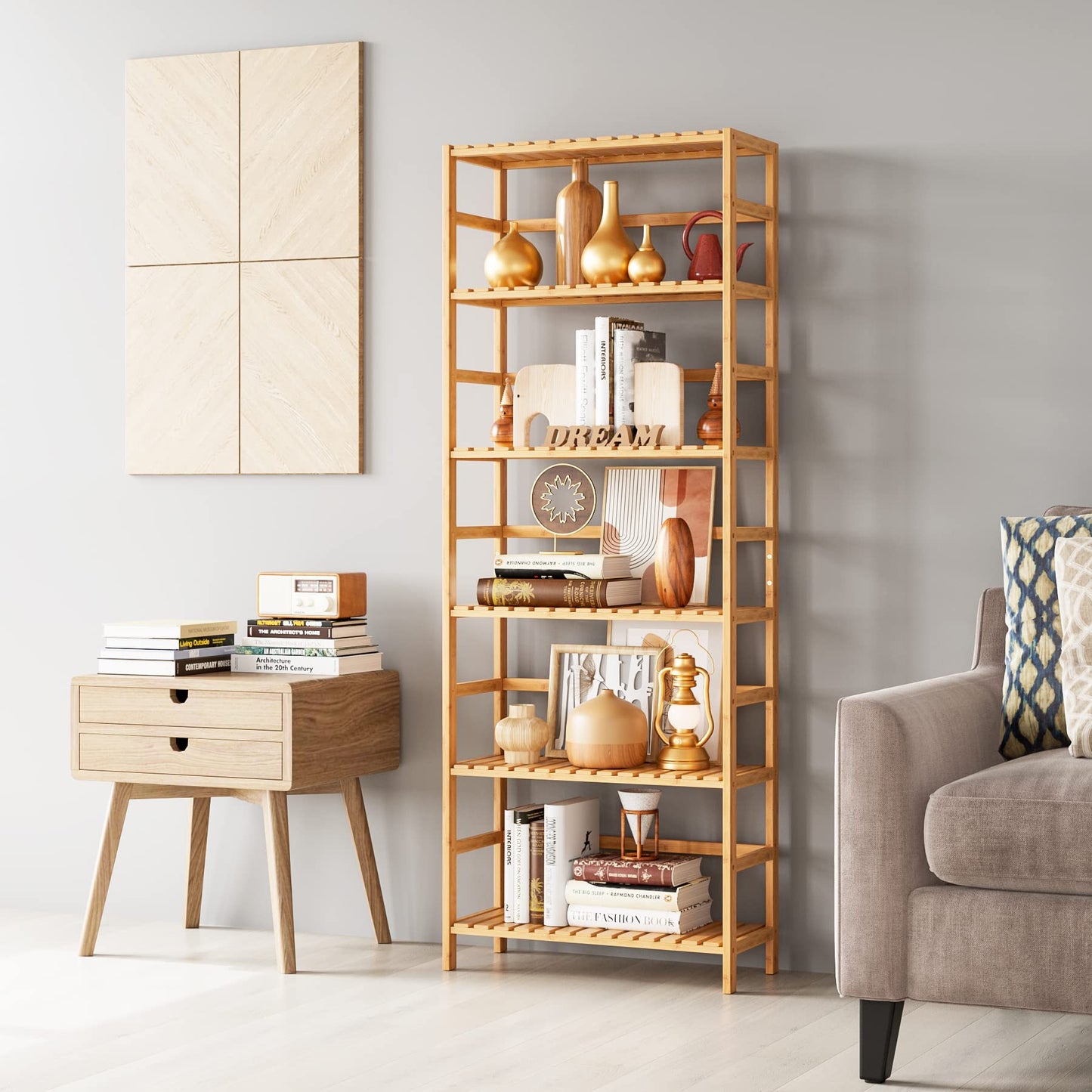 FOTOSOK 6-Tier Bamboo Shelf, Bamboo Bookcase with Adjustable Shelves, Free Standing Storage Shelf Unit, Plant Flower Stand for Kitchen, Bathroom,