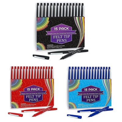 Lelix Felt Tip Pens, 15 Black & 15Blue & 15 Red Medium Point Felt Pens, Felt Pens For Journaling, Writing, Note Taking, Planner Coloring, Perfect for