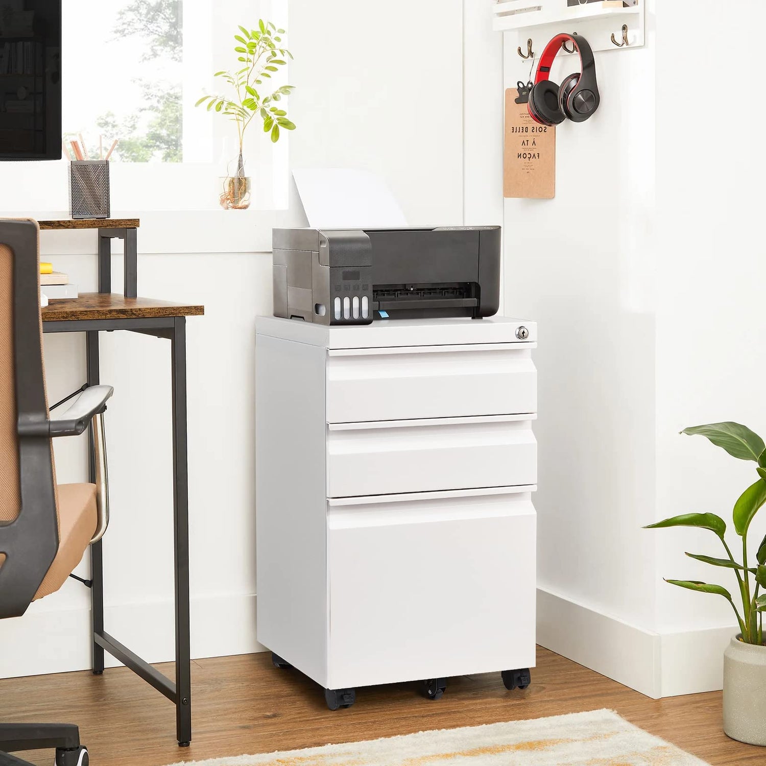 VERYKE 3 Drawer File Cabinet with Lock and Wheels Mobile Under Desk Filing Cabinet Vertical Filing Cabinet Metal Organizer File Cabinet for Hanging VERYKE