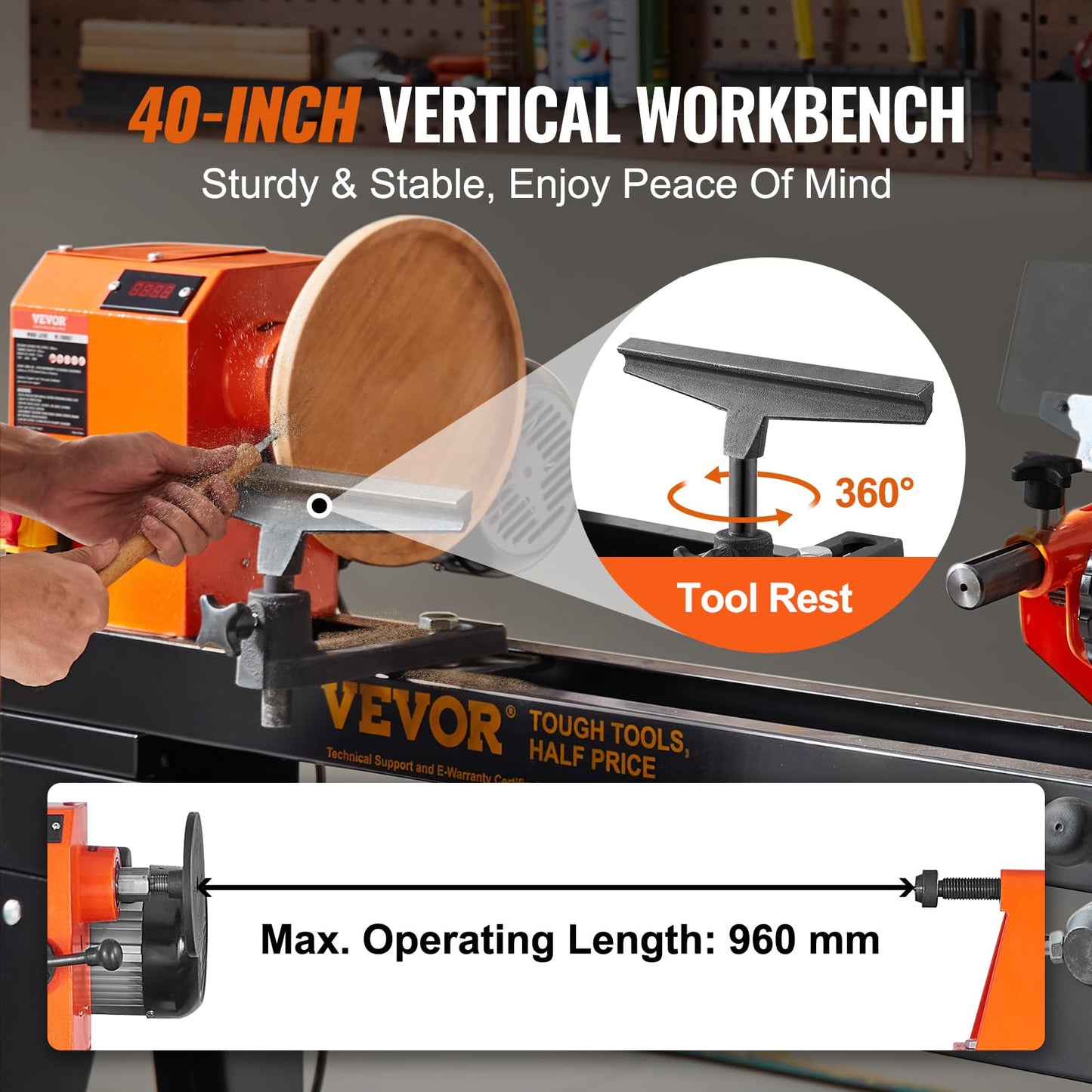 VEVOR Wood Lathe with Copy Attachment, 13.78 in x 37.8 in, 1 HP 750W Woodworking Lathe with Stand, Continuously Variable Speed 700-2600 RPM with