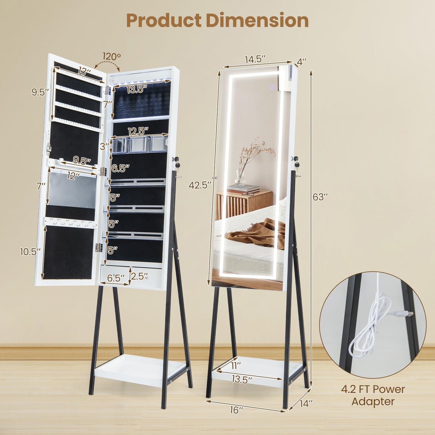 CHARMAID Jewelry Cabinet with LED Mirror, Lockable Standing Jewelry Armoire Organizer with Lighted Full Length Mirror, Adjustable Brightness, Storage