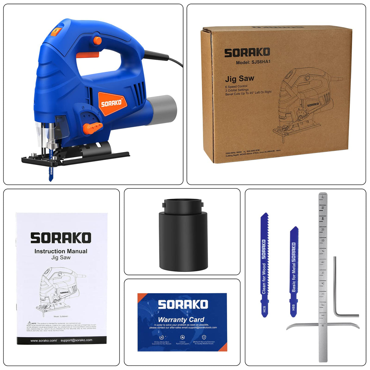 SORAKO Jigsaw, 5.0Amp Jig Saw Tool Corded Electric Power Cutter,800-3000 SPM Jig Saw, 6 Variable Speed, 0°-45° Bevel Cutting, 4 Orbital Sets, for SORAKO