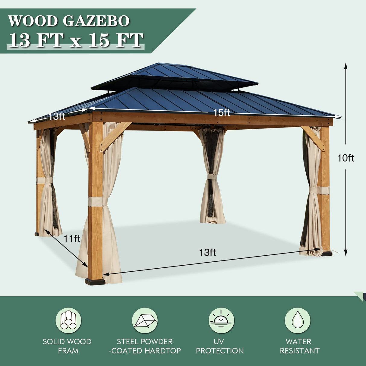 YOLENY 13' x 15' Wood Gazebo, Spruce Frame Outdoor Hardtop Gazebo with Metal Roof, Privacy Curtains and Nettings for Patio, Garden, Backyard YOLENY