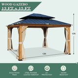 YOLENY 13' x 15' Wood Gazebo, Spruce Frame Outdoor Hardtop Gazebo with Metal Roof, Privacy Curtains and Nettings for Patio, Garden, Backyard YOLENY
