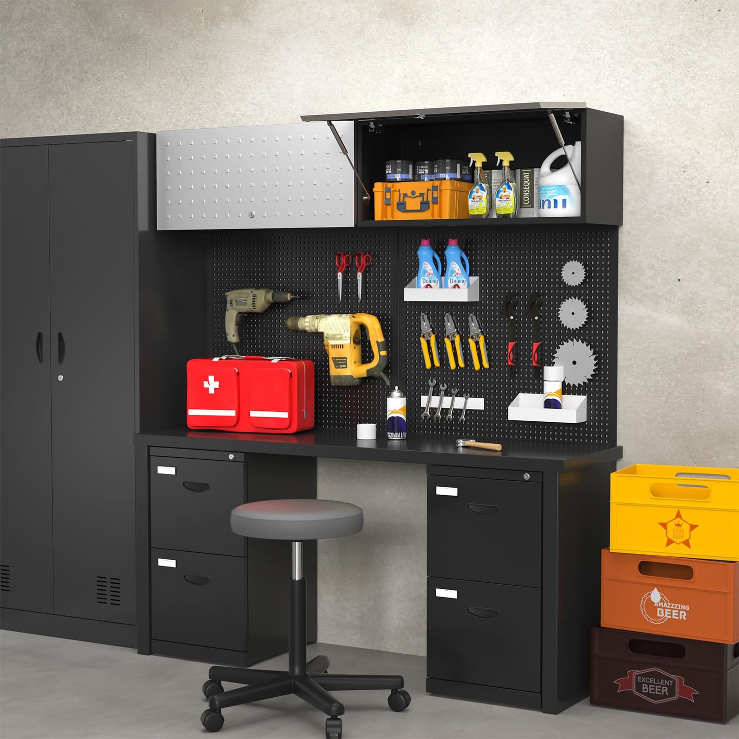 MetalMax Metal Wall Cabinet for Garage Floating Garage Storage Cabinet Wall Mount Shop Cabinet Upper Storage Trailer Cabinet Gearbox Flip Up Tool MetalMax