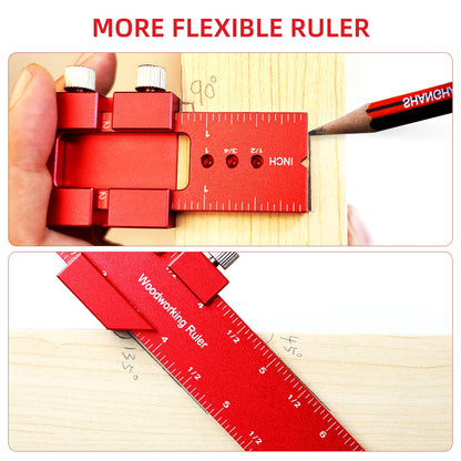 Precision Pocket Ruler Metal Slide Rule Inch and Metric, 3Pcs Aluminum Woodworking Rulers with Slide Stop T-Type Scribing Ruler Square Ruler T Track