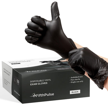 FifthPulse Black Vinyl Disposable Gloves Large 50 Pack - Latex Free, Powder Free Medical Exam Gloves - Surgical, Home, Cleaning, and Food Gloves - 3 FifthPulse
