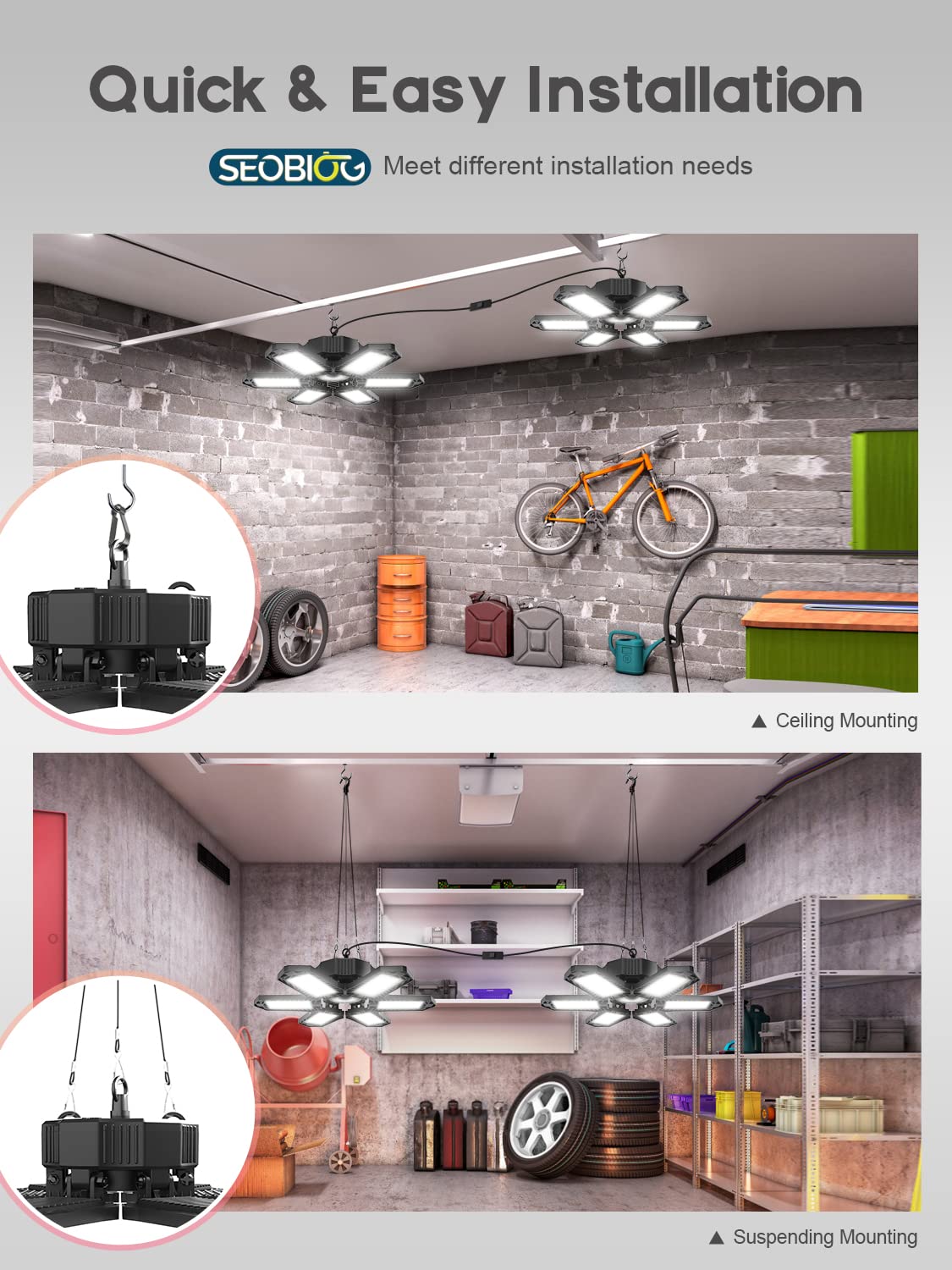 SEOBIOG 2 Pack Plug in Garage Light, Upgraded 200W 20000LM Linkable LED Shop Light, 6500K Ceiling Lights w/ 6 Deformable Panels for Garage,