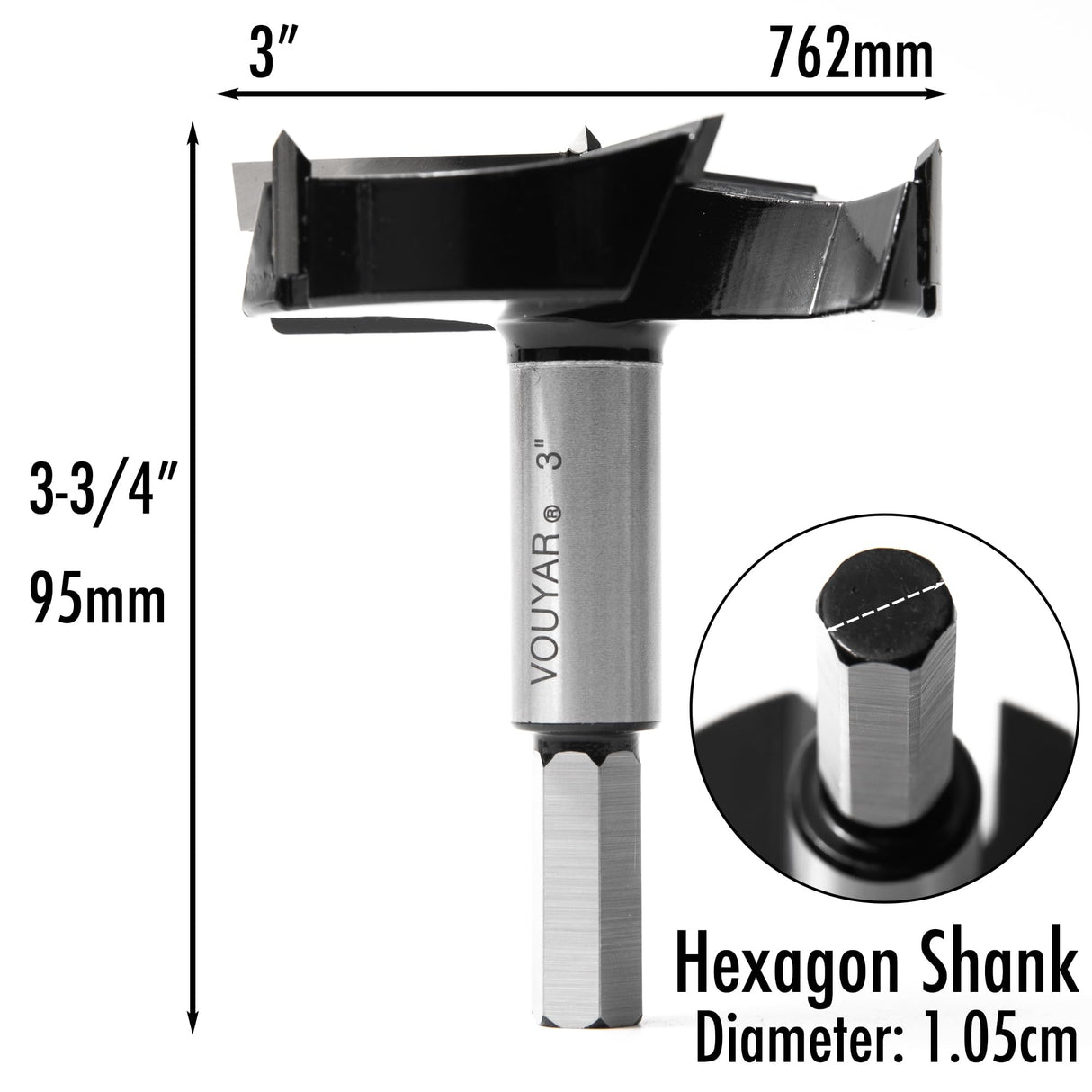 Vouyar 3 Inch Forstner Drill Bit, Triple-Flute Carbide Tipped Forstner Bit for Hard Wood, Soft Wood, Veneered Plywood, Plastic, Drilling Hole Saw Vouyar