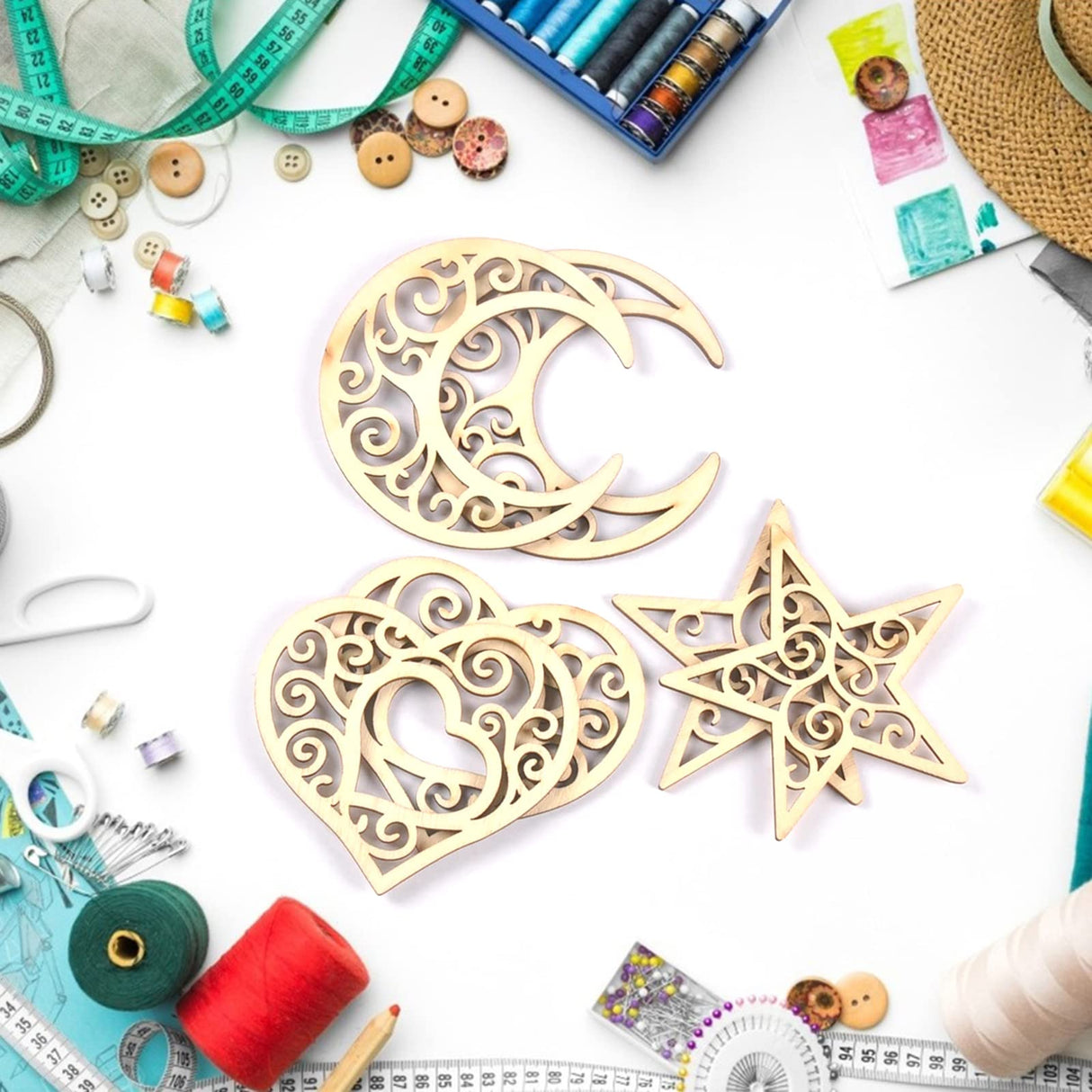 BUZHI 10 Pcs Wooden Moon Star Ornaments,Unfinished Moon Star Heart Shape Hollow Wooden Chips Wood Slices for DIY Eid Ornament Hanging Pendant BUZHI